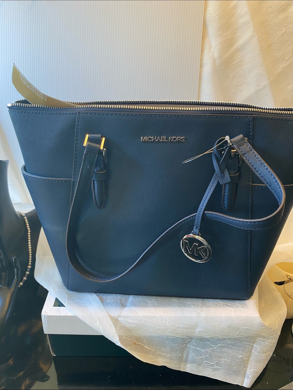 Michael Kors Navy Saffiano Tote with MK Charm
